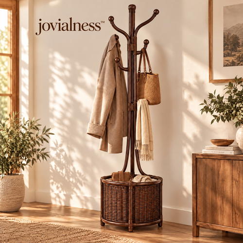 jovialness™ Freestanding Woven Coat and Accessory Stand with Upper Hooks and Lower Storage Basket