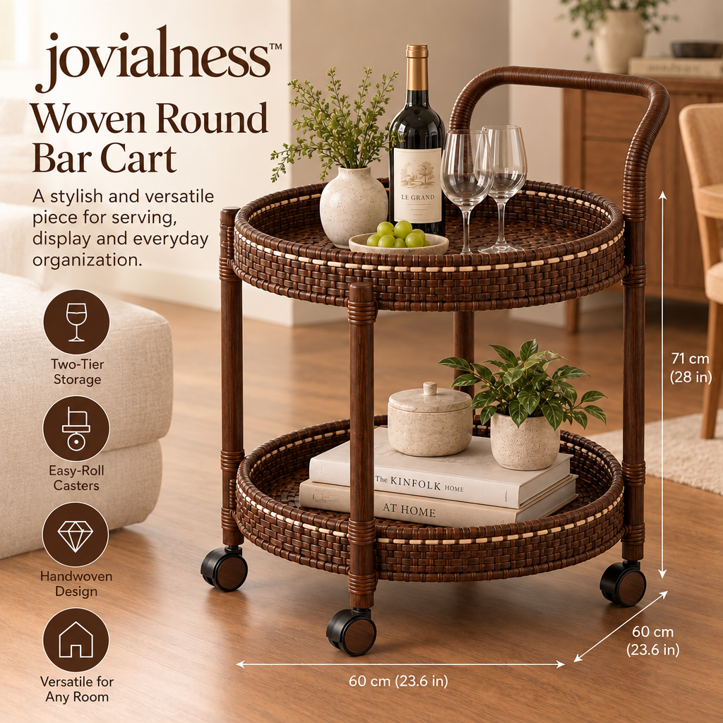 jovialness™ Woven Round Bar Cart with Two Circular Shelves