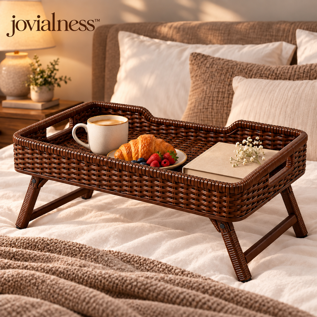 jovialness™ Woven Bed Tray with Folding Side Legs, Raised Basket Rim and Integrated Carry Handles