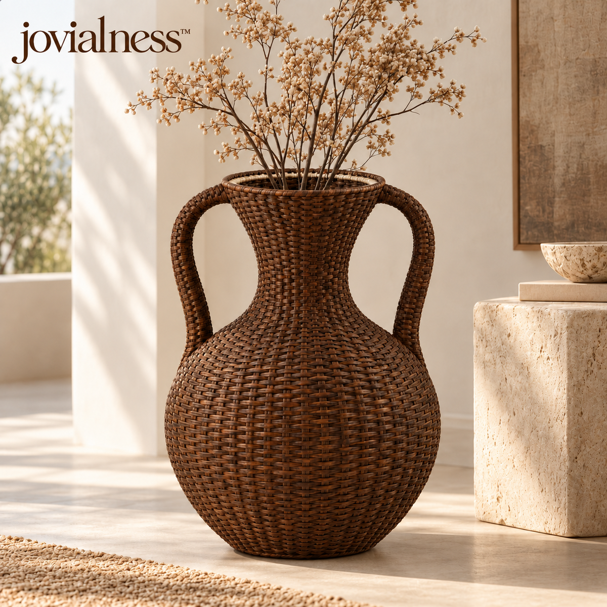 jovialness™ Sculpted Double-Handle Woven Floor Vase with Full Rounded Body