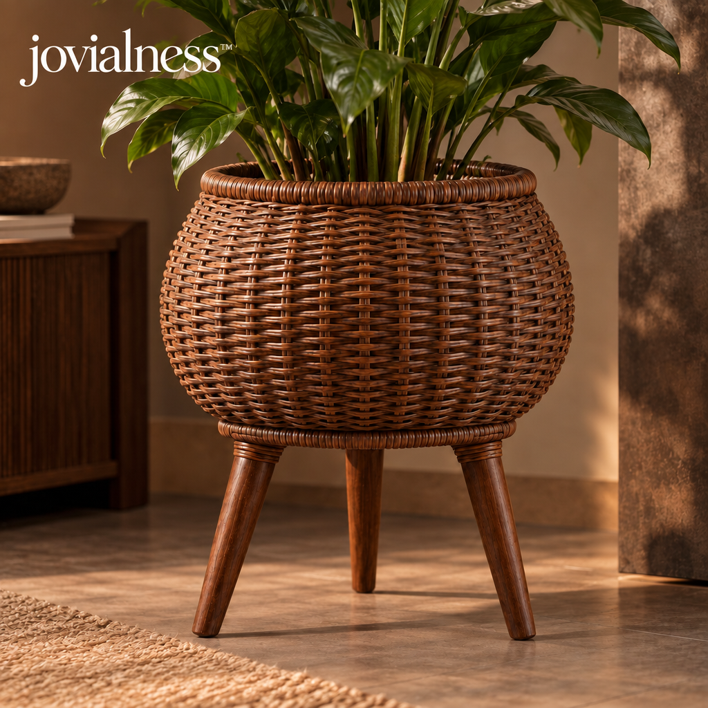 jovialness™ Elevated Round Woven Planter Stand with Three Tapered Wood Legs