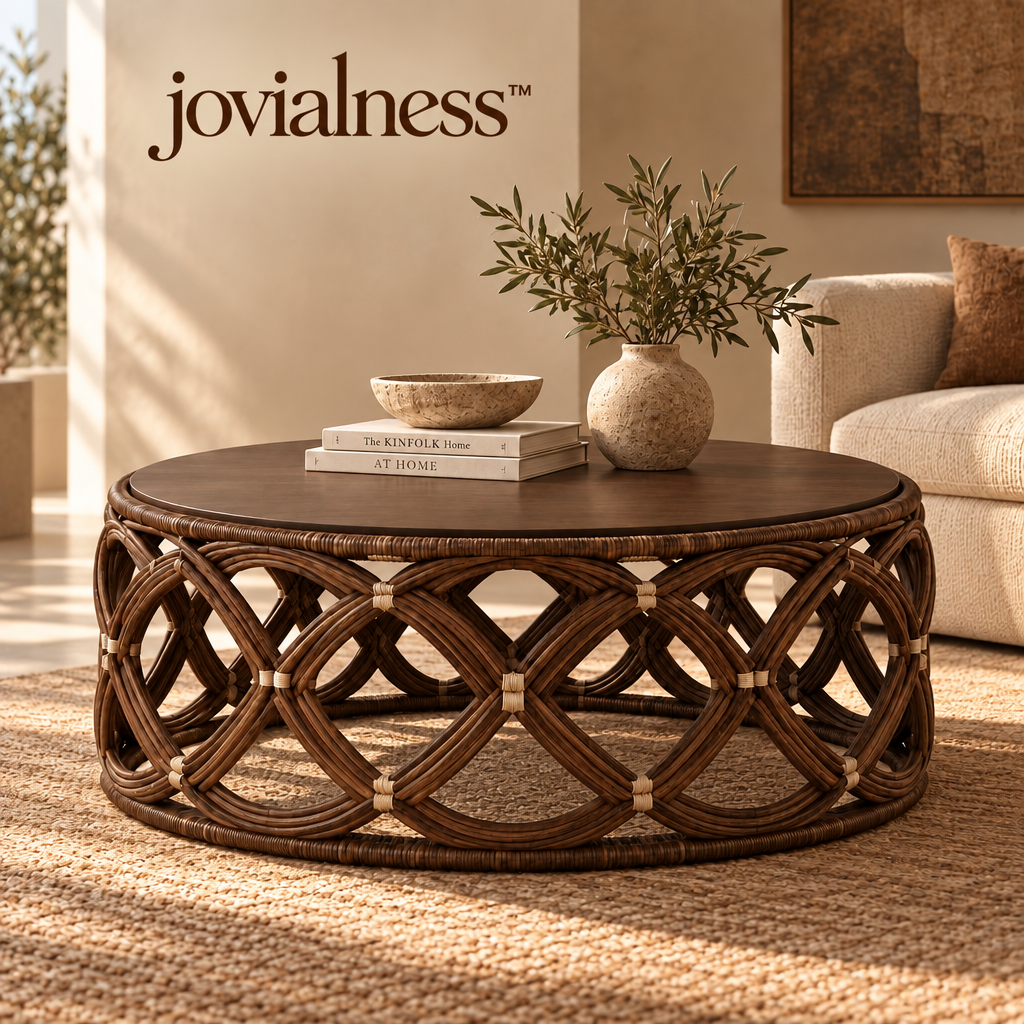 jovialness™ Wide Round Open-Weave Coffee Table with Sculptural Lattice Drum Base