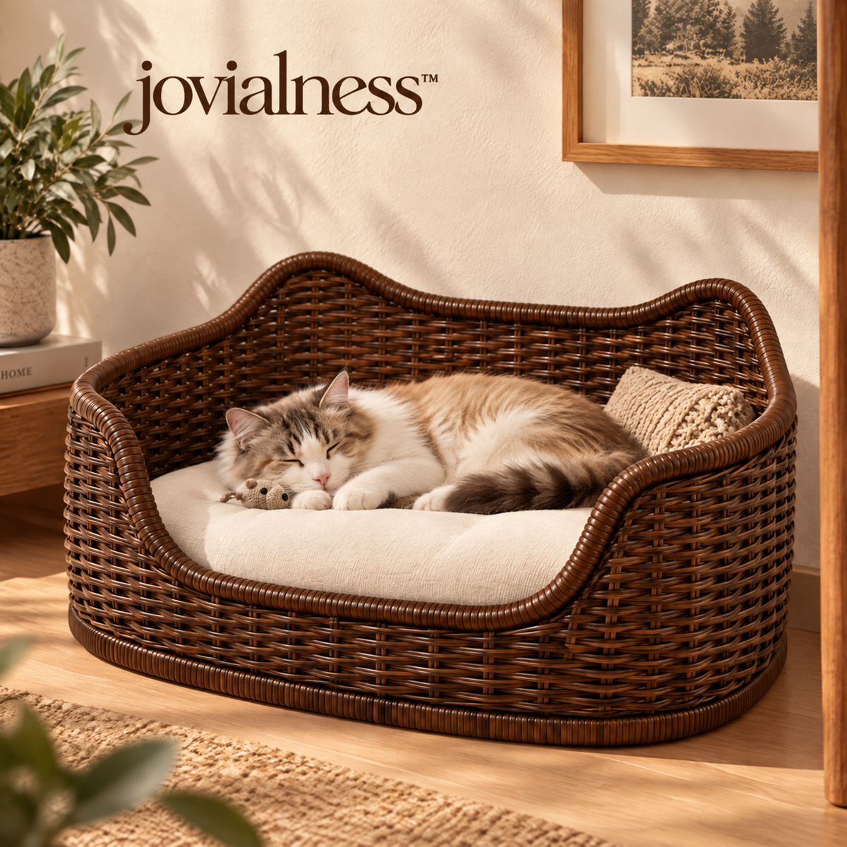 jovialness™ Sculpted High-Sided Woven Cat Rest Basket with Low Front Entry and Soft Cushion