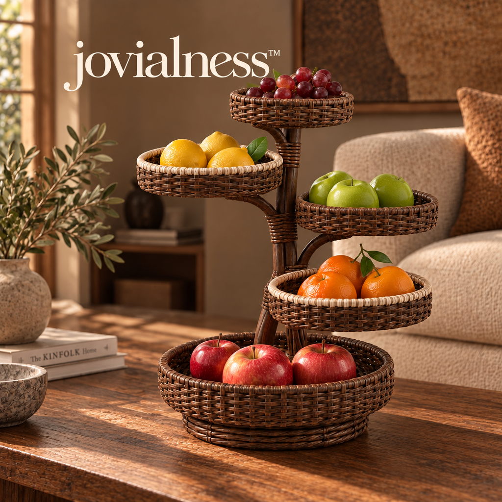 jovialness™ Compact Five-Tier Woven Tabletop Display Stand with Staggered Round Trays