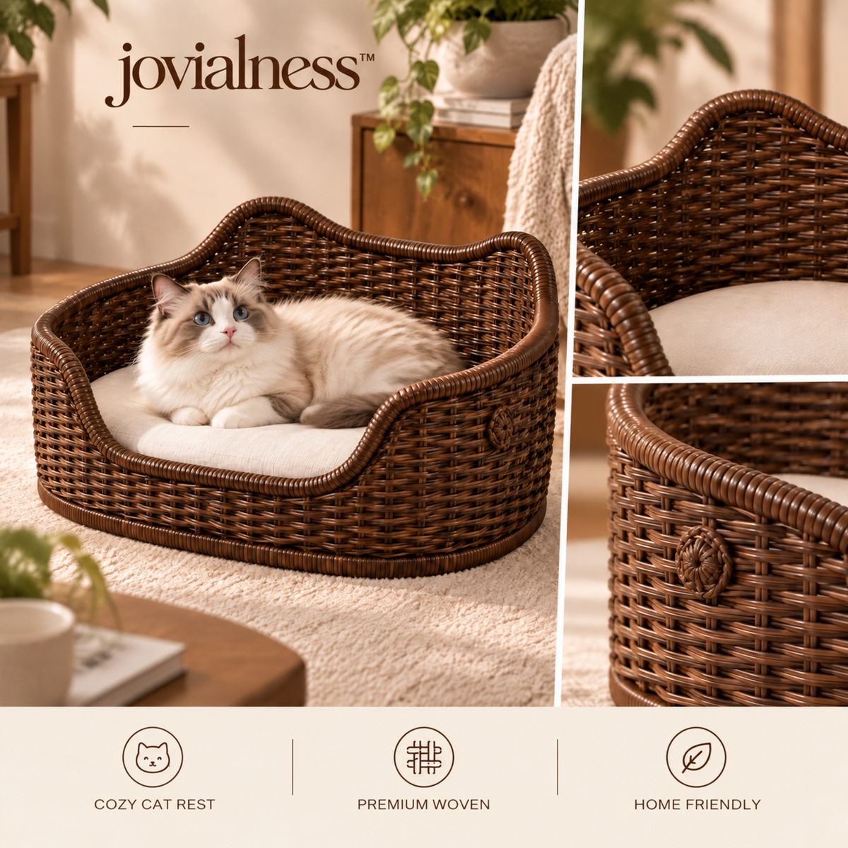 jovialness™ Sculpted High-Sided Woven Cat Rest Basket with Low Front Entry and Soft Cushion