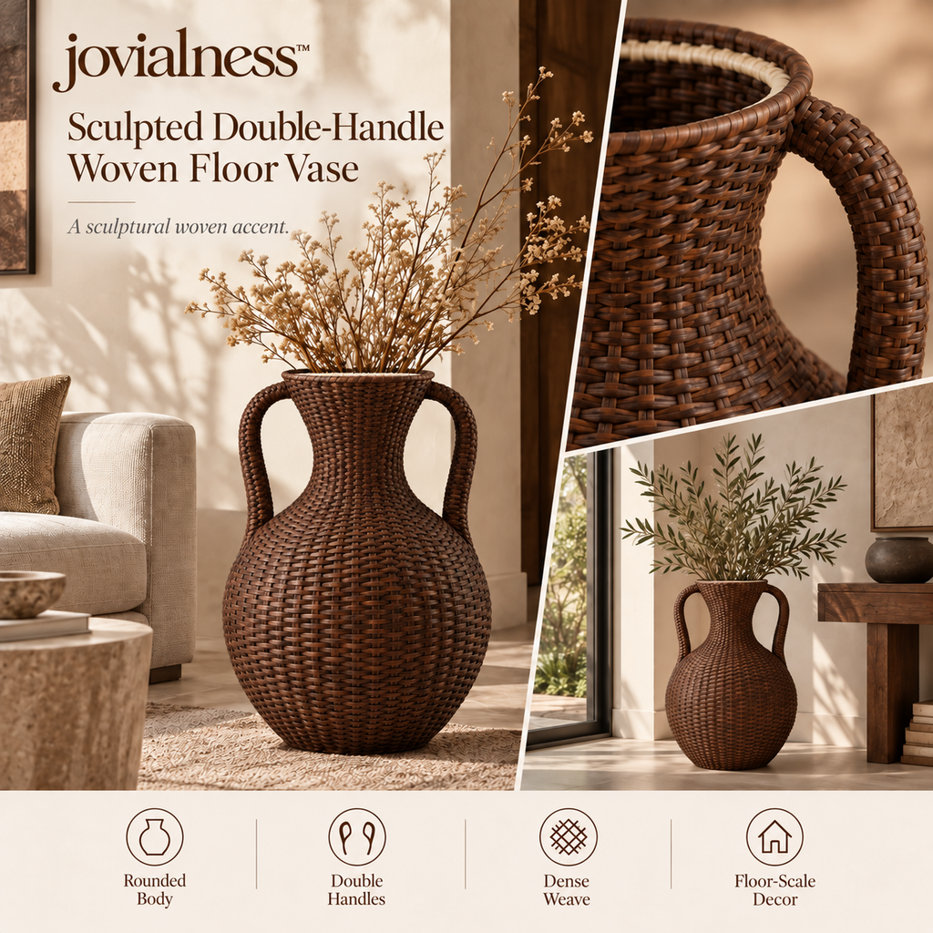 jovialness™ Sculpted Double-Handle Woven Floor Vase with Full Rounded Body