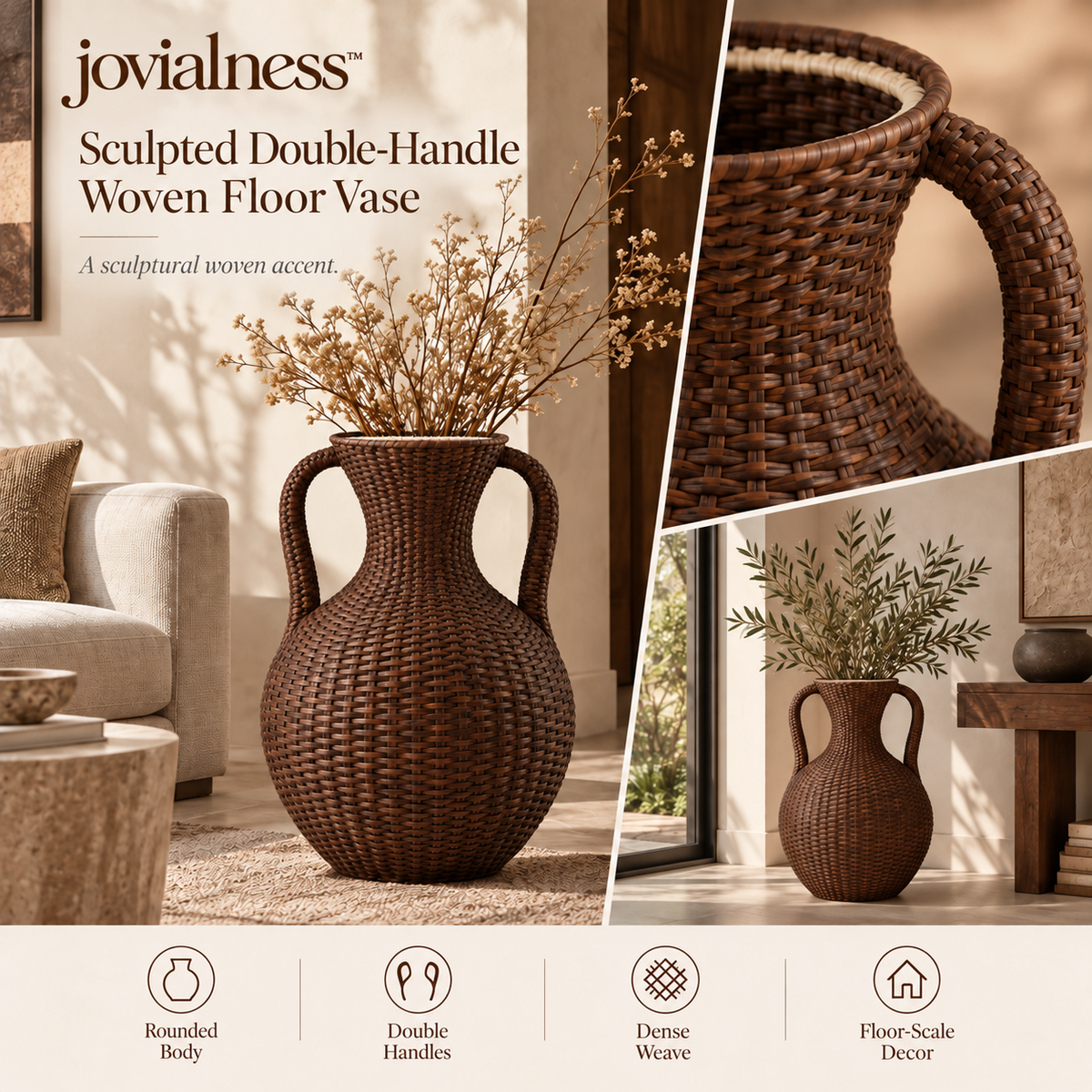 jovialness™ Sculpted Double-Handle Woven Floor Vase with Full Rounded Body