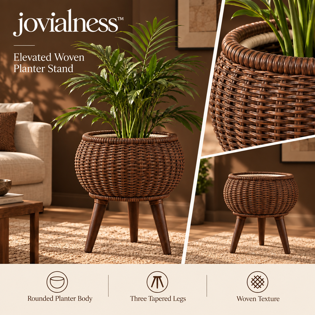 jovialness™ Elevated Round Woven Planter Stand with Three Tapered Wood Legs