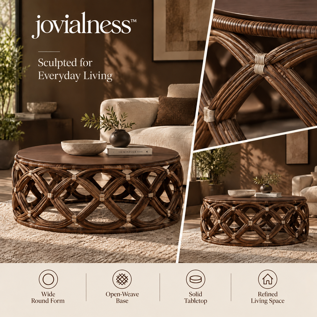 jovialness™ Wide Round Open-Weave Coffee Table with Sculptural Lattice Drum Base