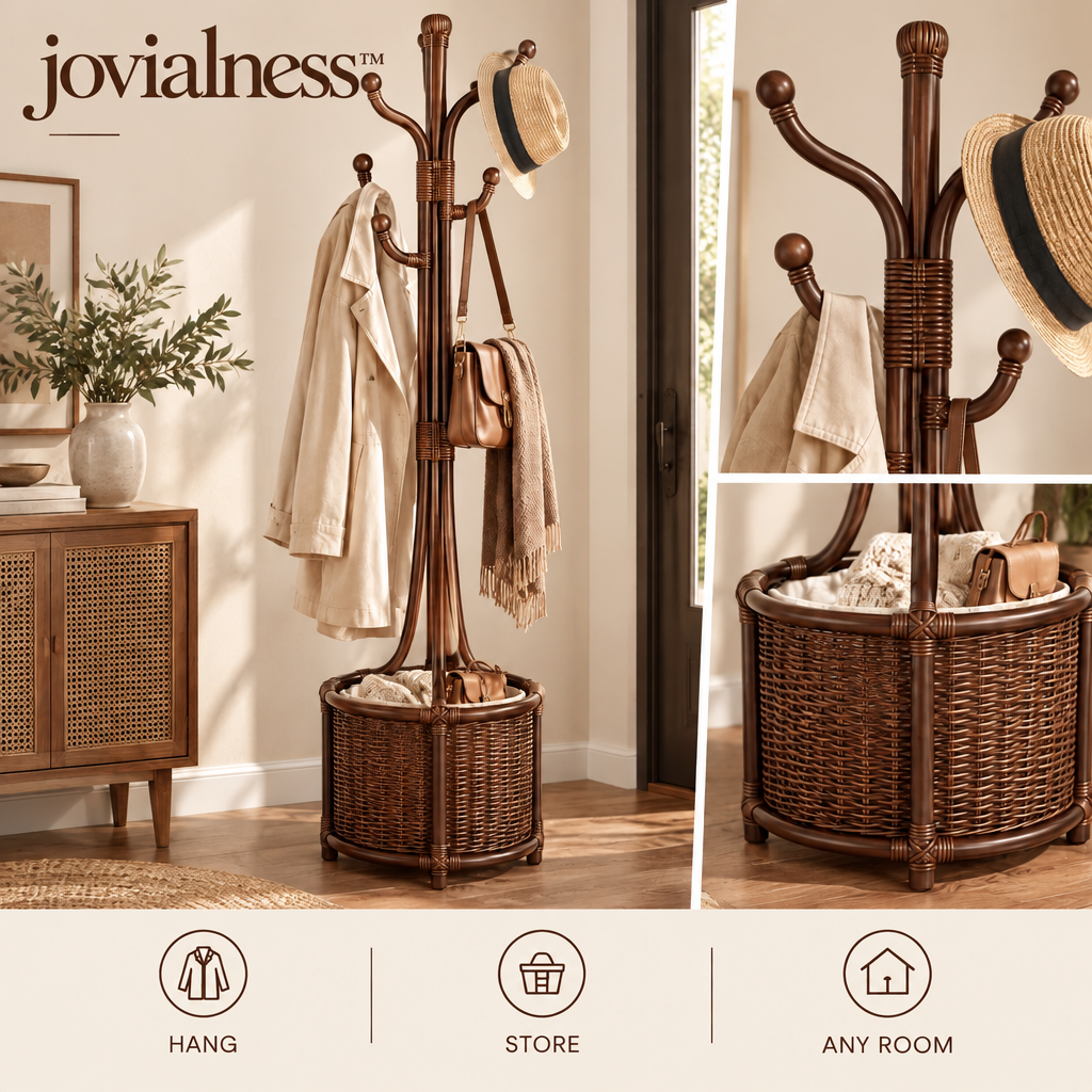 jovialness™ Freestanding Woven Coat and Accessory Stand with Upper Hooks and Lower Storage Basket