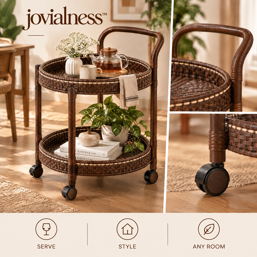 jovialness™ Woven Round Bar Cart with Two Circular Shelves
