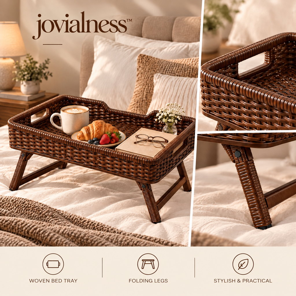 jovialness™ Woven Bed Tray with Folding Side Legs, Raised Basket Rim and Integrated Carry Handles
