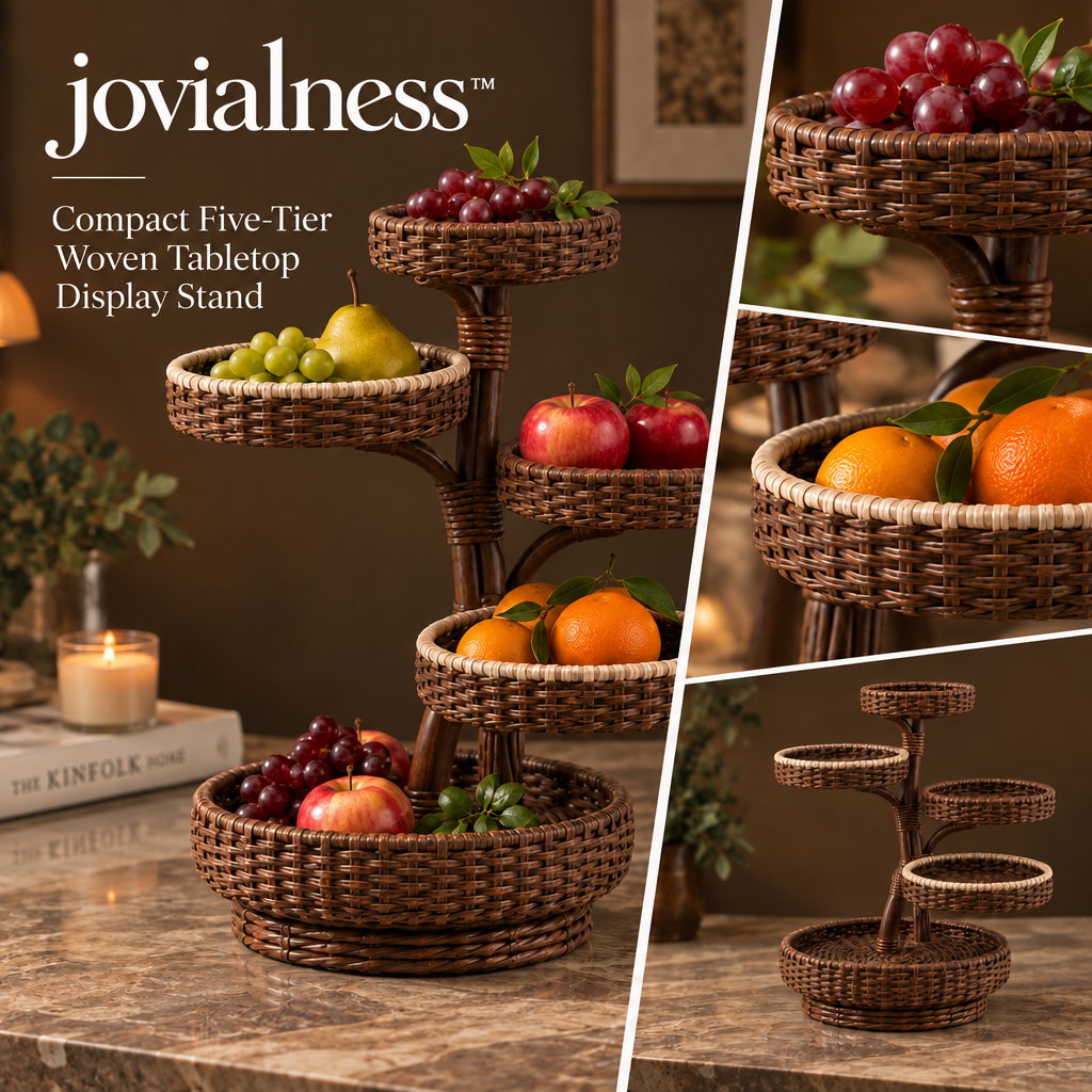 jovialness™ Compact Five-Tier Woven Tabletop Display Stand with Staggered Round Trays