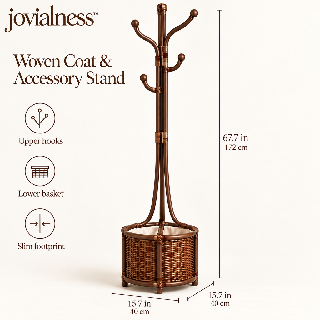 jovialness™ Freestanding Woven Coat and Accessory Stand with Upper Hooks and Lower Storage Basket