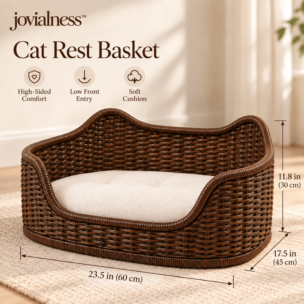jovialness™ Sculpted High-Sided Woven Cat Rest Basket with Low Front Entry and Soft Cushion