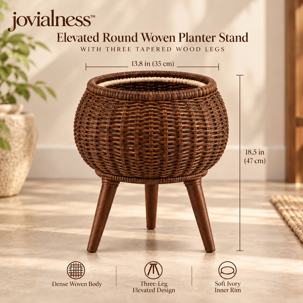 jovialness™ Elevated Round Woven Planter Stand with Three Tapered Wood Legs