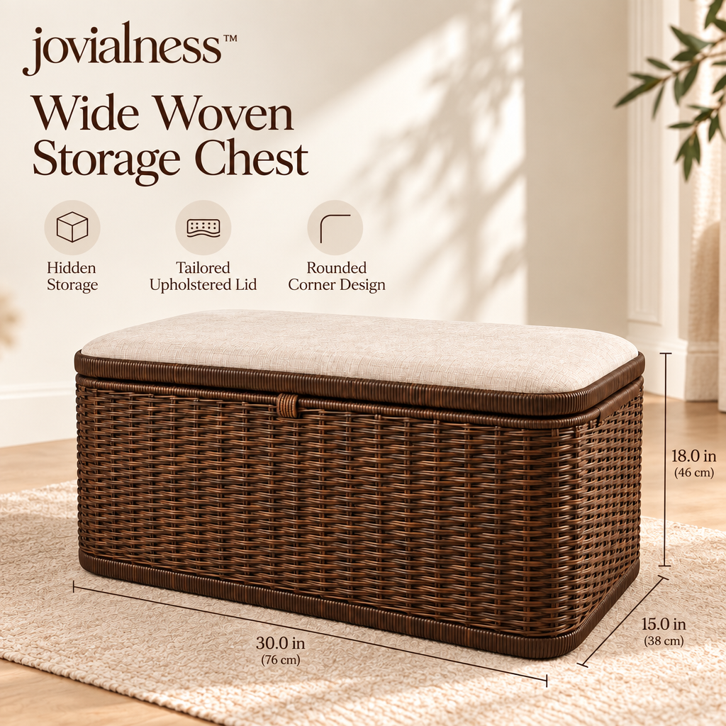 fibravelle™ Wide Woven Storage Chest with Rounded Corners and Tailored Upholstered Lid
