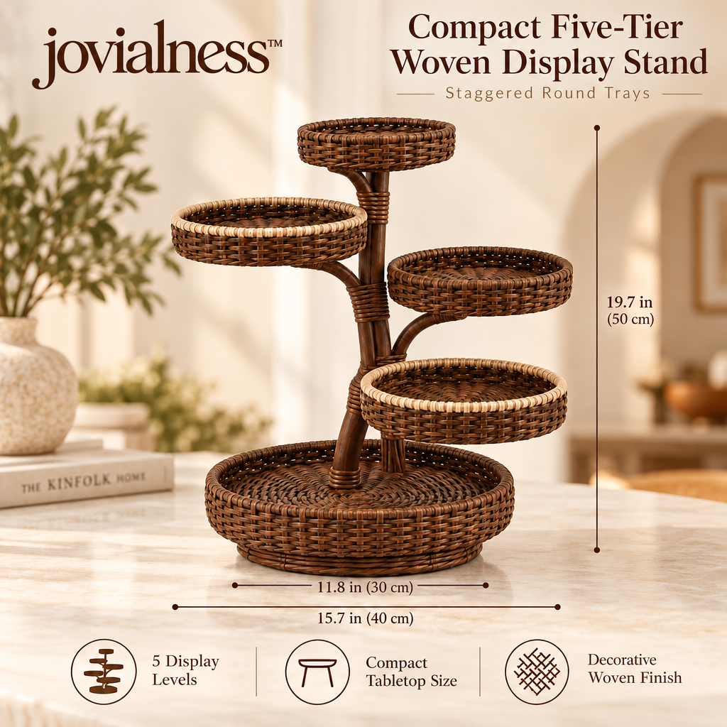 jovialness™ Compact Five-Tier Woven Tabletop Display Stand with Staggered Round Trays