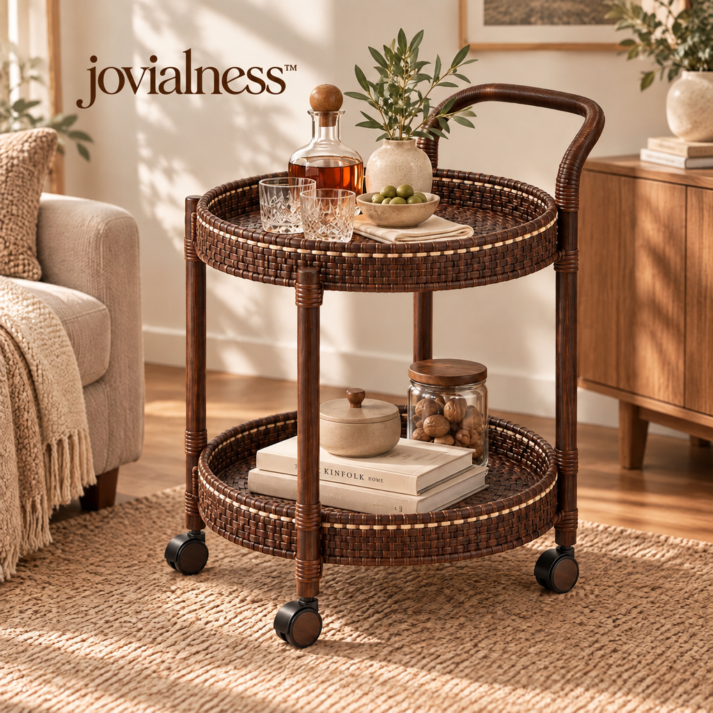 jovialness™ Woven Round Bar Cart with Two Circular Shelves