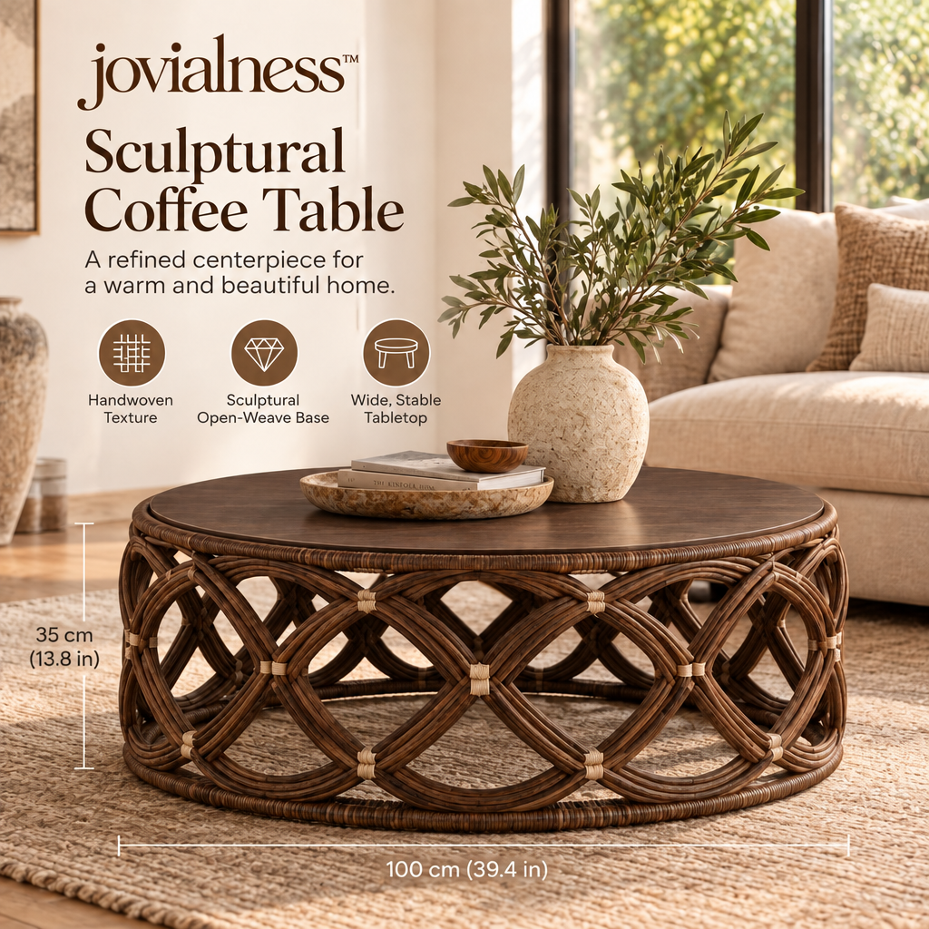 jovialness™ Wide Round Open-Weave Coffee Table with Sculptural Lattice Drum Base