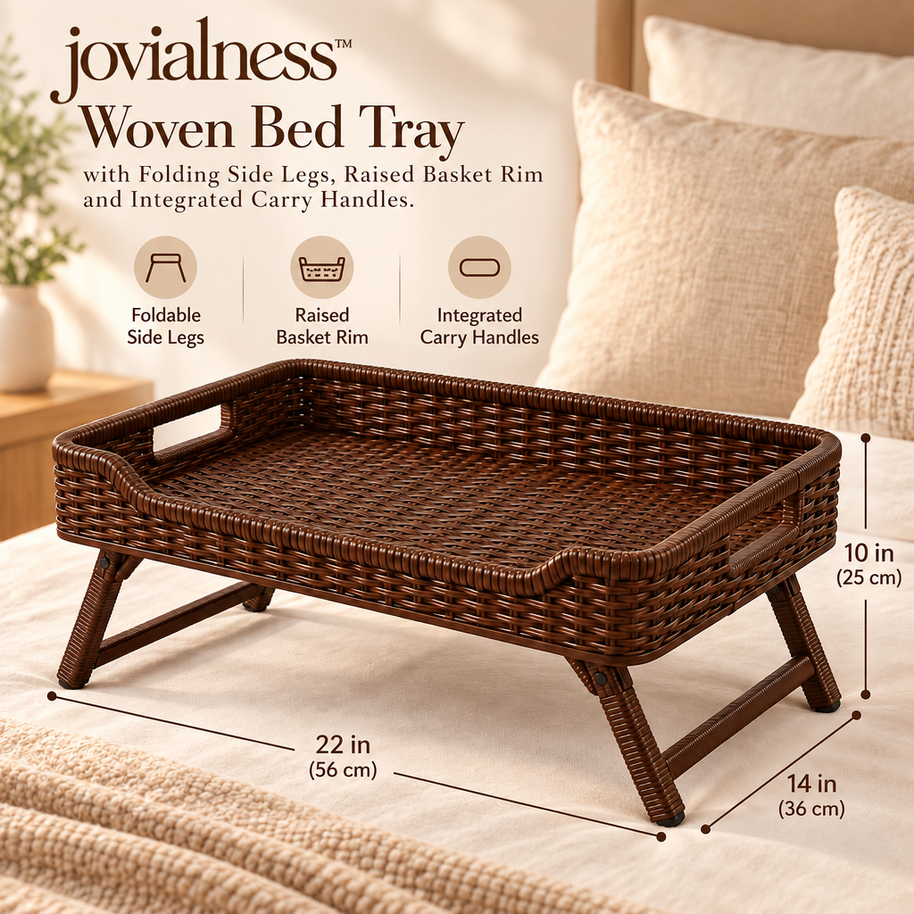 jovialness™ Woven Bed Tray with Folding Side Legs, Raised Basket Rim and Integrated Carry Handles