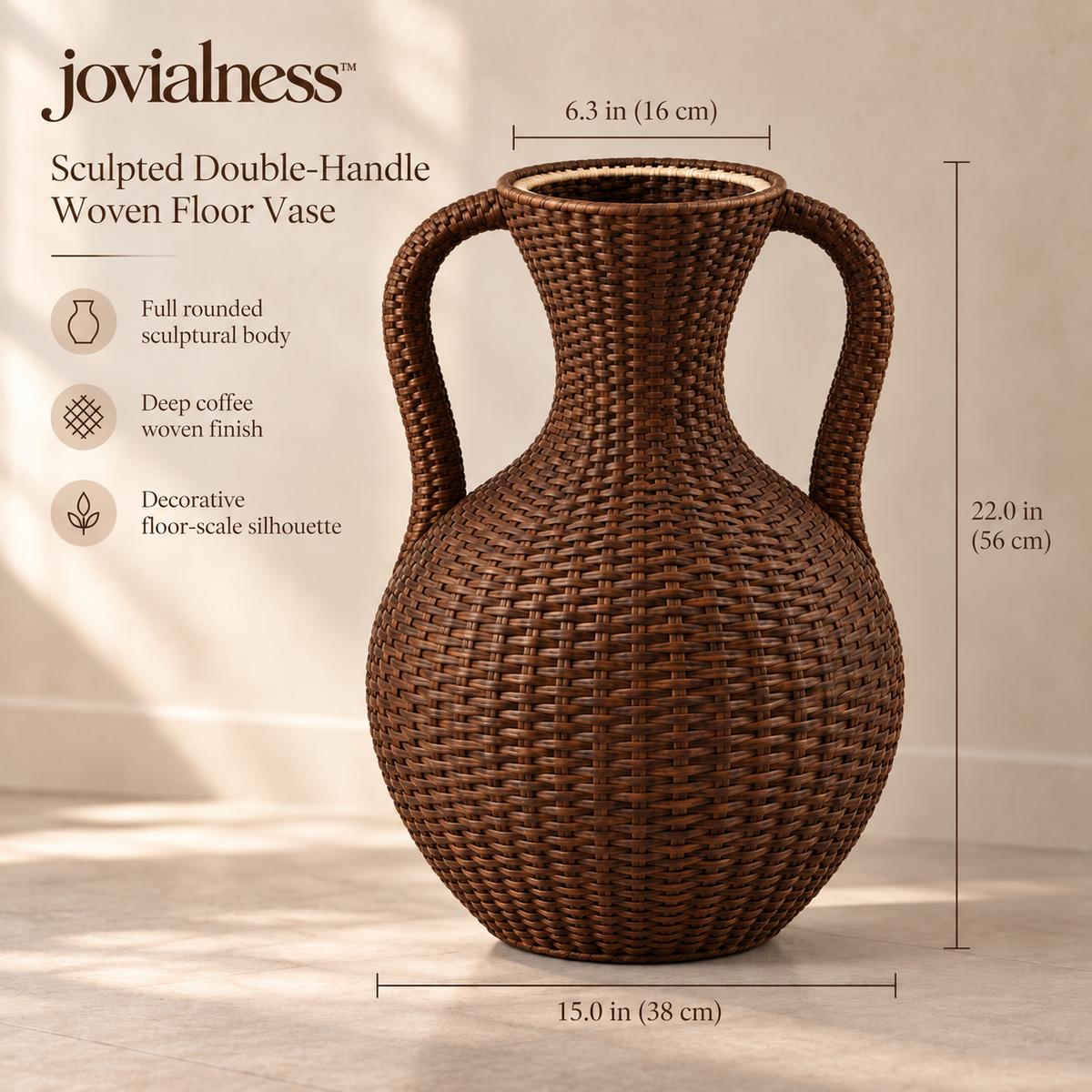 jovialness™ Sculpted Double-Handle Woven Floor Vase with Full Rounded Body