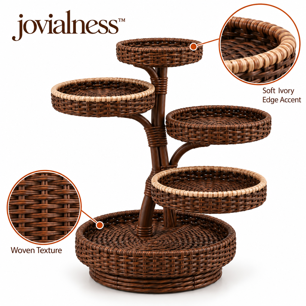 jovialness™ Compact Five-Tier Woven Tabletop Display Stand with Staggered Round Trays