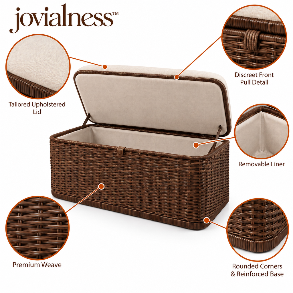 fibravelle™ Wide Woven Storage Chest with Rounded Corners and Tailored Upholstered Lid