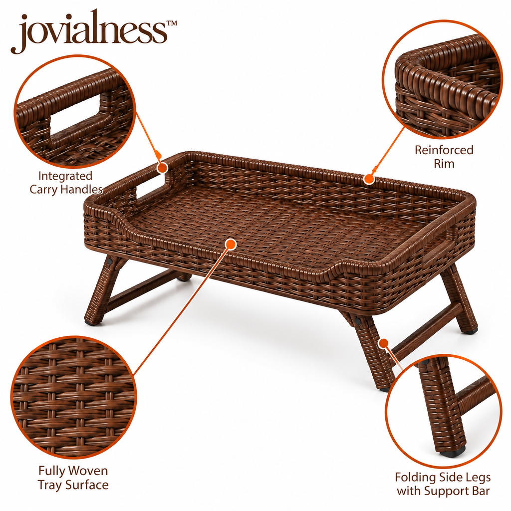 jovialness™ Woven Bed Tray with Folding Side Legs, Raised Basket Rim and Integrated Carry Handles