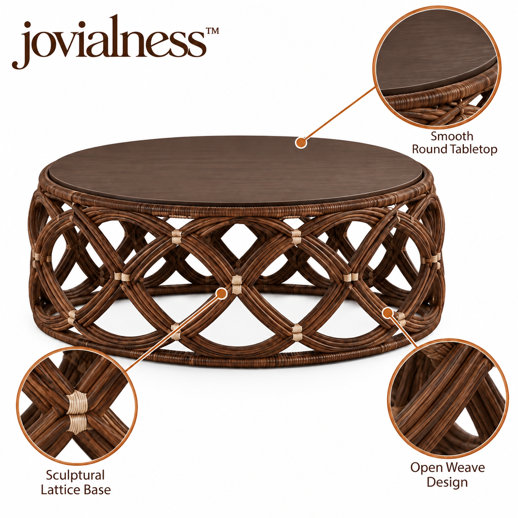 jovialness™ Wide Round Open-Weave Coffee Table with Sculptural Lattice Drum Base