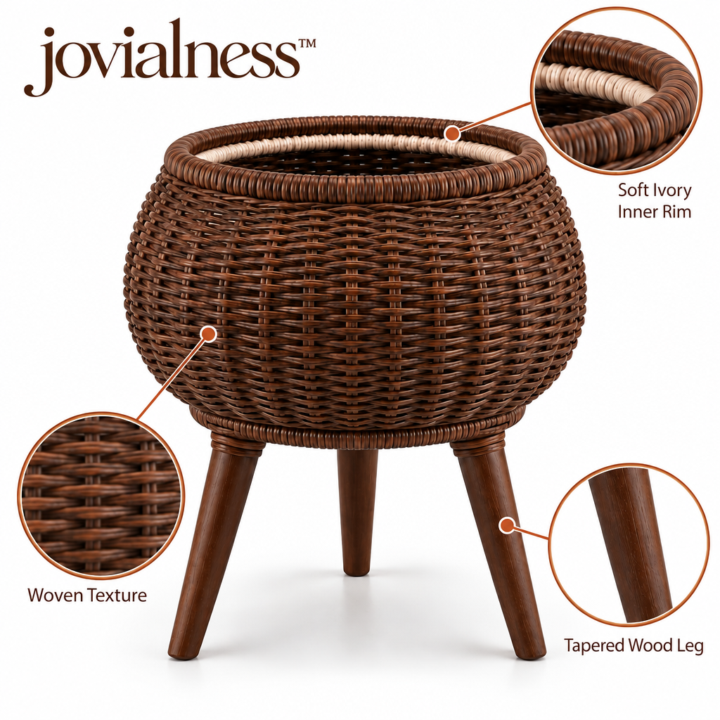 jovialness™ Elevated Round Woven Planter Stand with Three Tapered Wood Legs