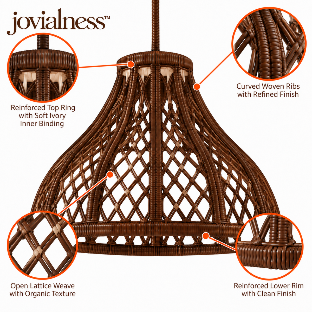 jovialness™ Sculpted Woven Pendant Light Shade with Open Lattice Weave and Flared Silhouette
