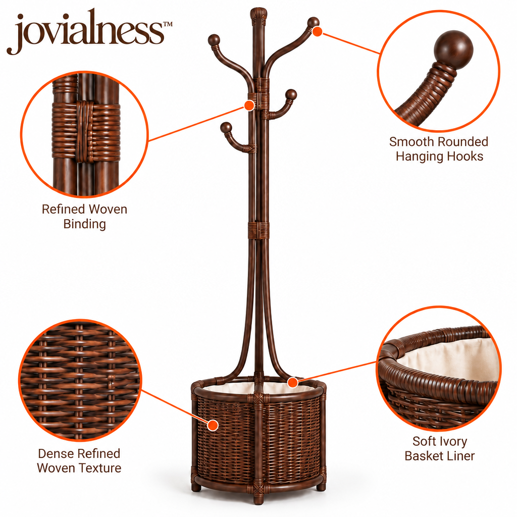 jovialness™ Freestanding Woven Coat and Accessory Stand with Upper Hooks and Lower Storage Basket