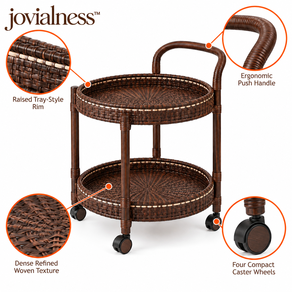 jovialness™ Woven Round Bar Cart with Two Circular Shelves