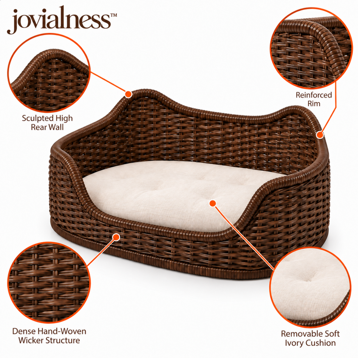 jovialness™ Sculpted High-Sided Woven Cat Rest Basket with Low Front Entry and Soft Cushion