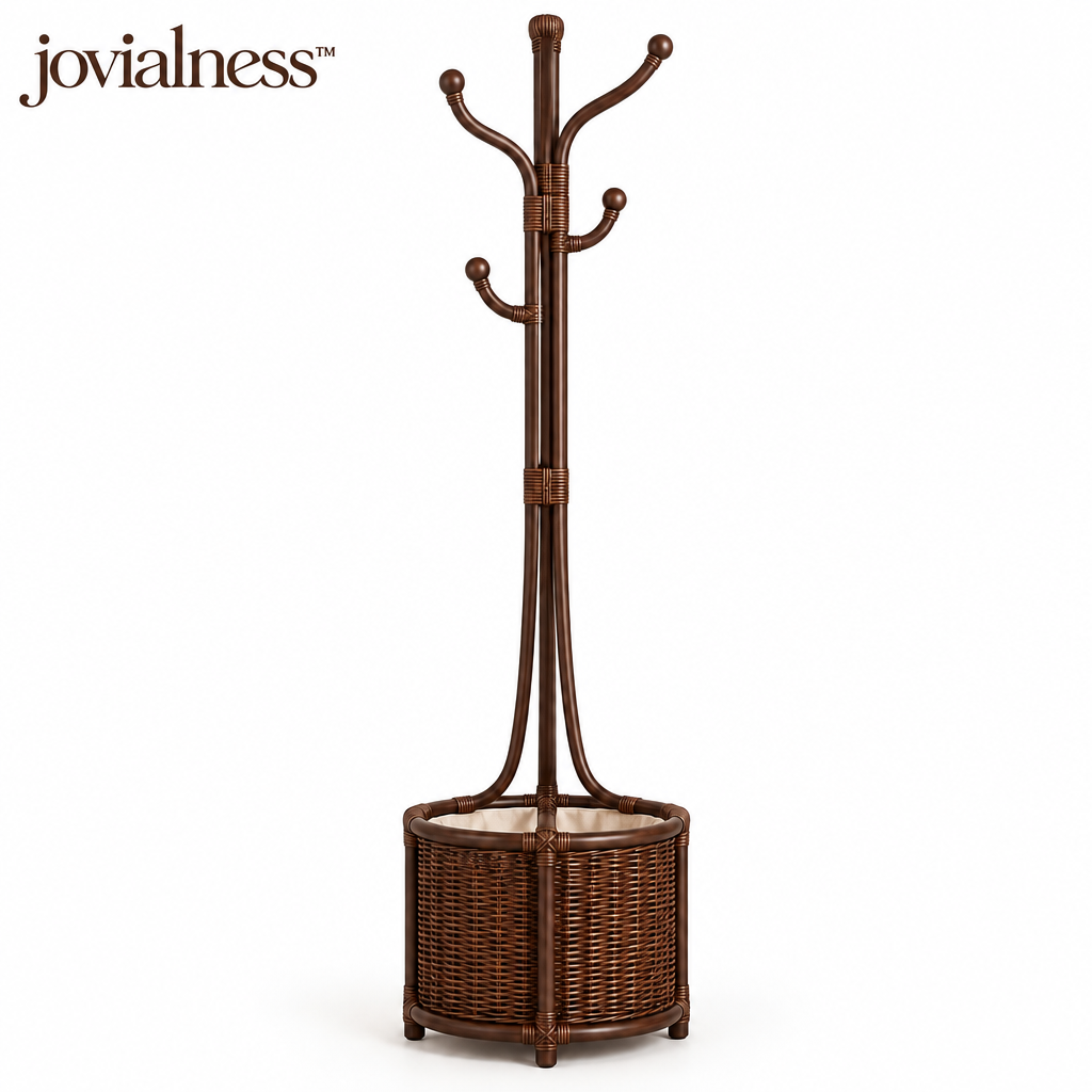 jovialness™ Freestanding Woven Coat and Accessory Stand with Upper Hooks and Lower Storage Basket
