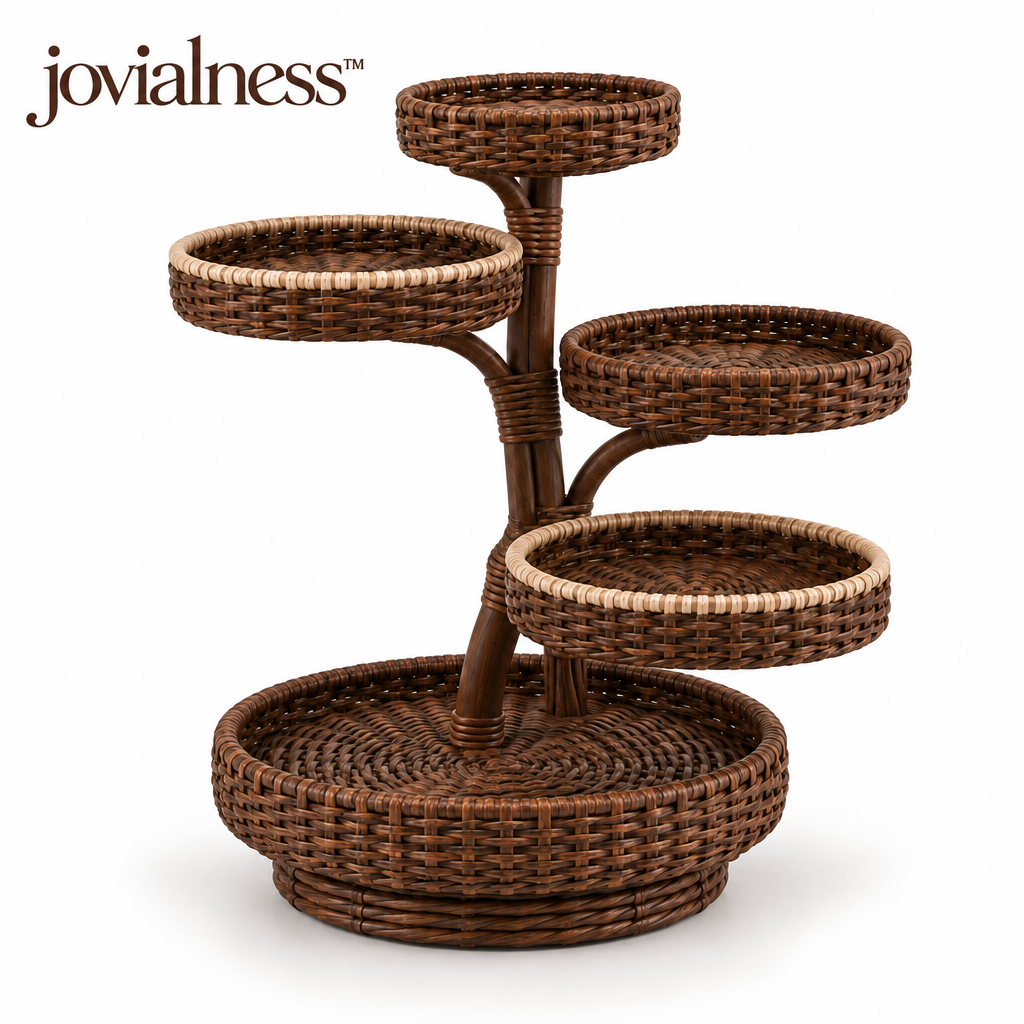 jovialness™ Compact Five-Tier Woven Tabletop Display Stand with Staggered Round Trays