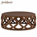 jovialness™ Wide Round Open-Weave Coffee Table with Sculptural Lattice Drum Base